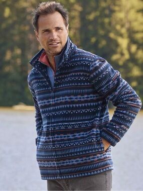 Men's Navy Patterned Full-Zip Fleece Jacket with Zip Pockets